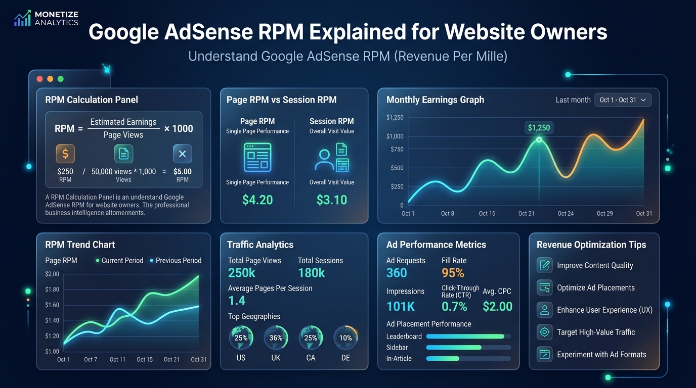 A breakdown of how Google AdSense calculates RPM for website publishers.