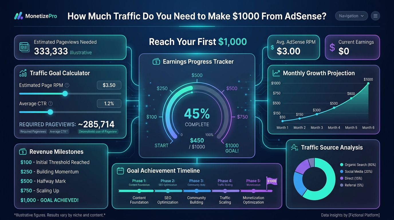 A dashboard showing the reverse calculation of traffic needed to hit a $1,000 goal.
