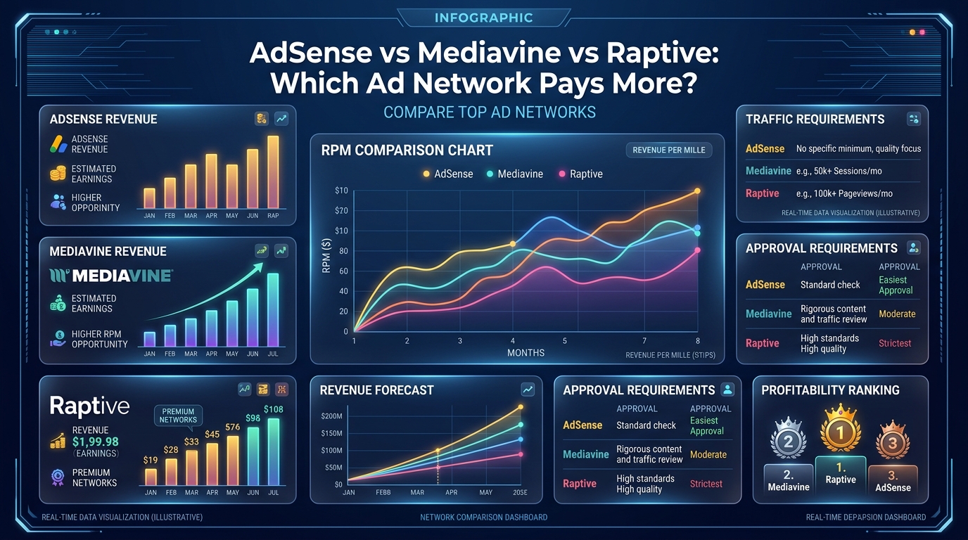 A side-by-side revenue comparison chart between Google AdSense and premium ad networks.