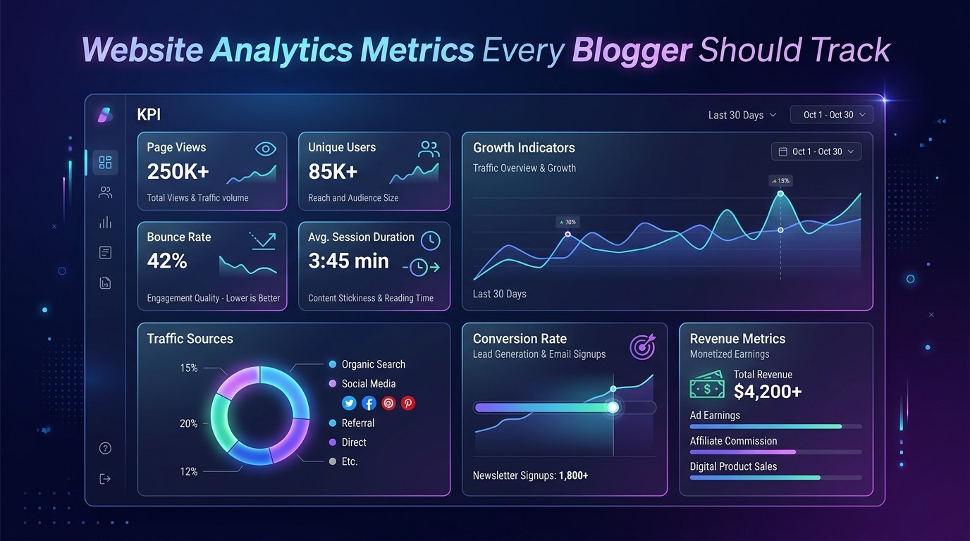 A Google Analytics-style dashboard with multiple colorful metric cards showing sessions, bounce rate, revenue, and traffic source graphs.