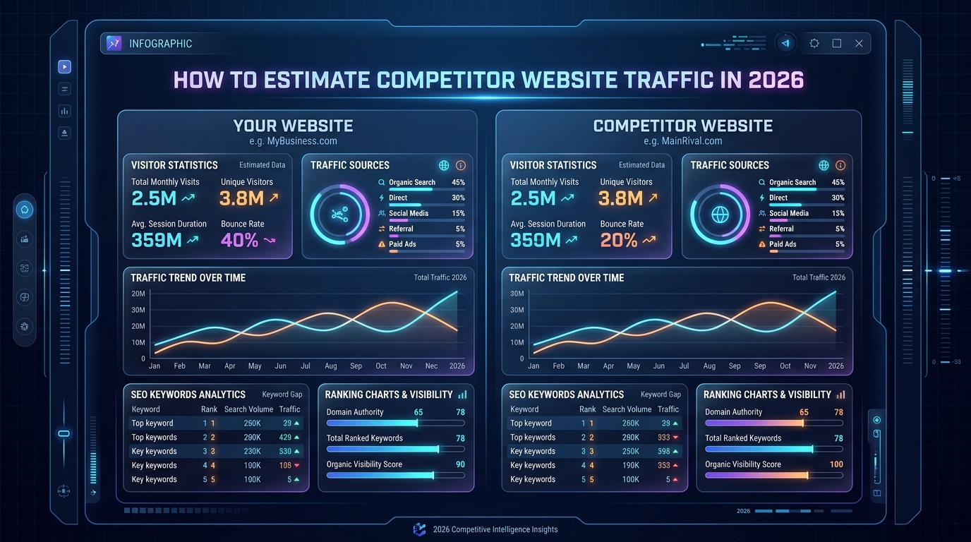 A glowing magnifying glass hovering over two side-by-side website traffic graphs being compared.