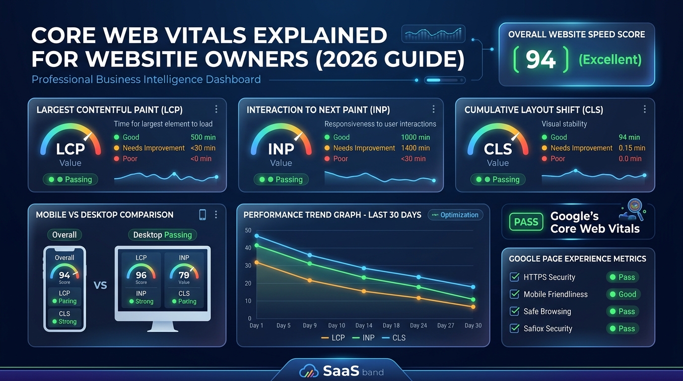 A high-tech dashboard displaying three green performance gauges labeled LCP, INP, and CLS.