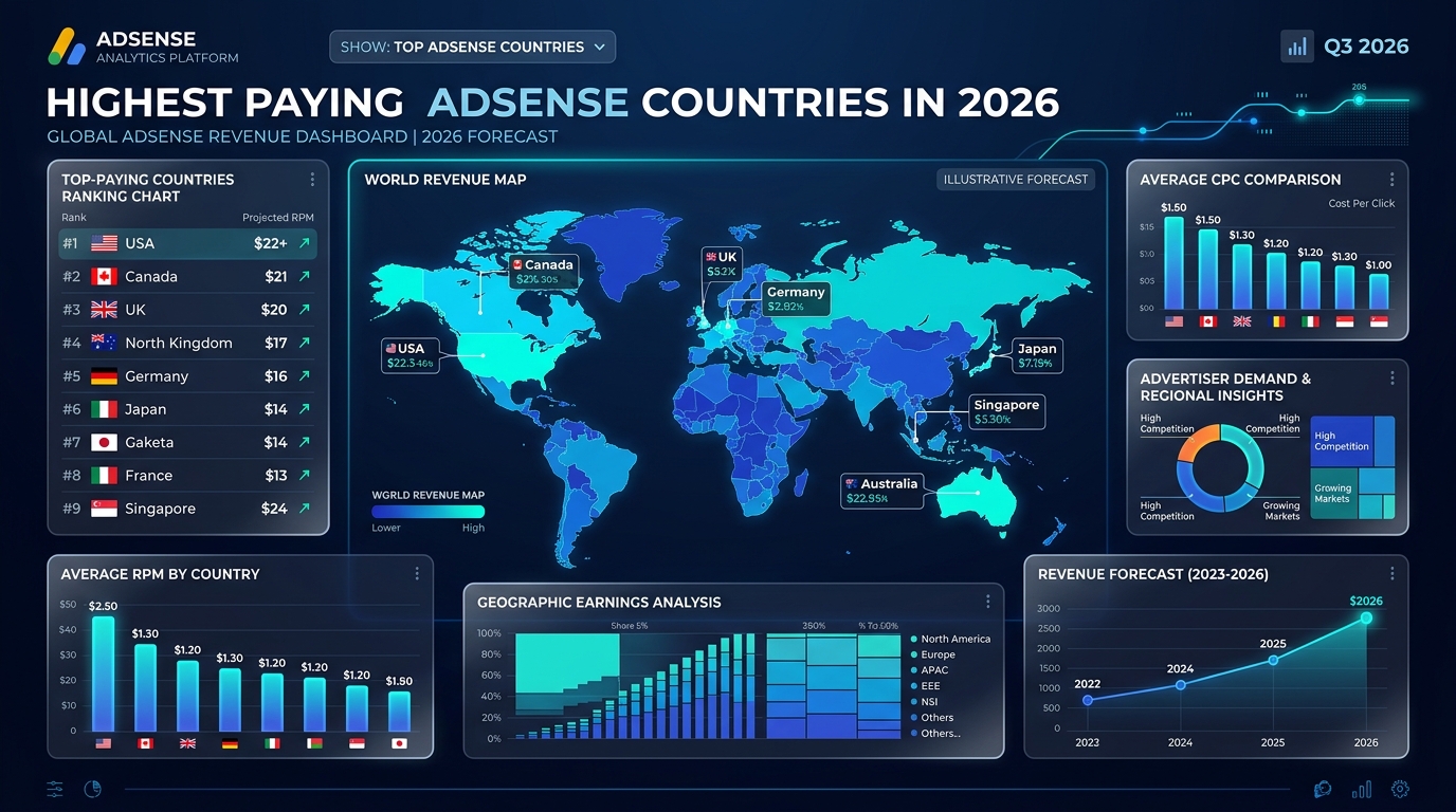 A digital leaderboard ranking countries by their average AdSense RPM.