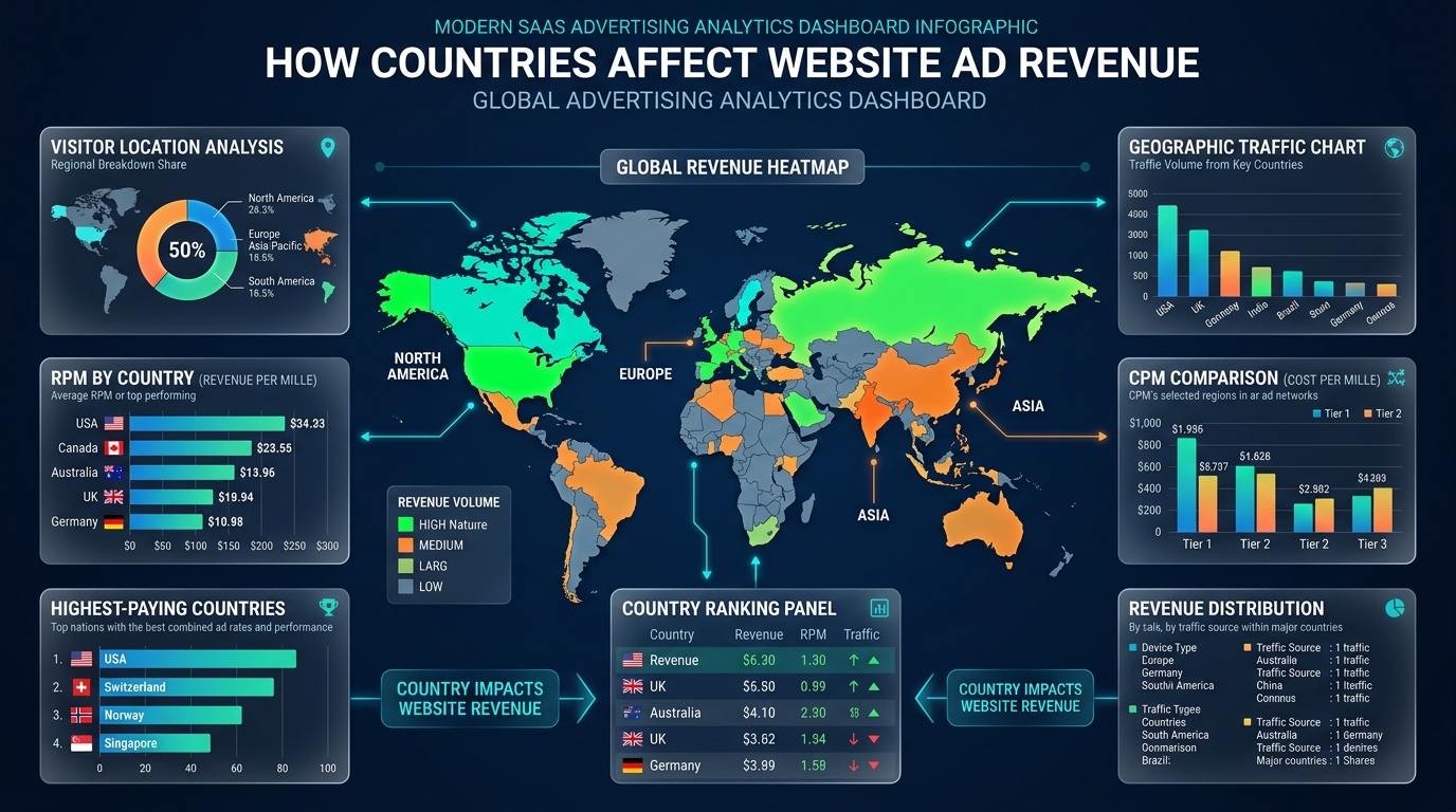 A glowing digital map of the world showing ad revenue distribution across different regions.