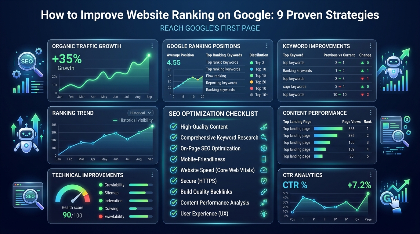 A glowing rocket launching from a search engine results page position 10, accelerating up toward position 1 with a blazing trail.
