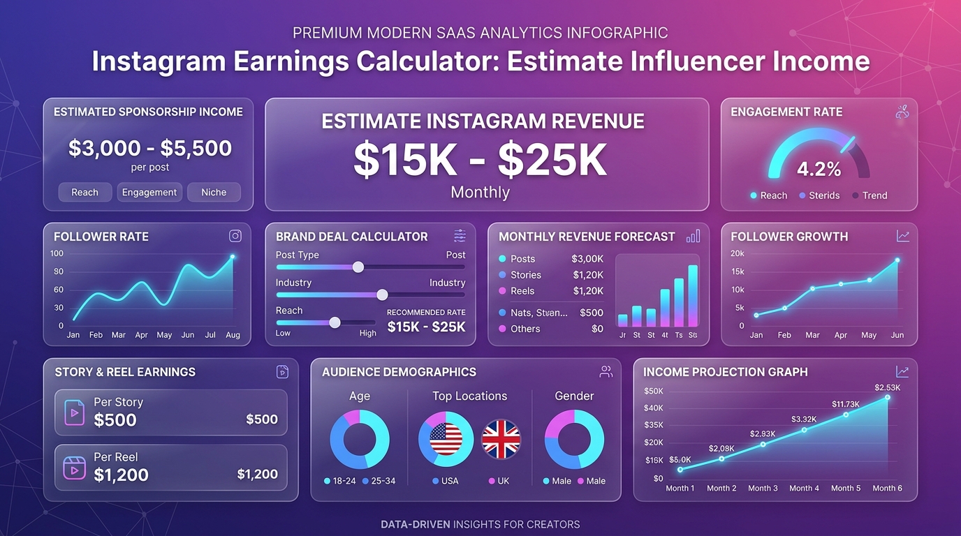 A dashboard showing an Instagram Influencer's estimated income based on their followers and engagement rate.
