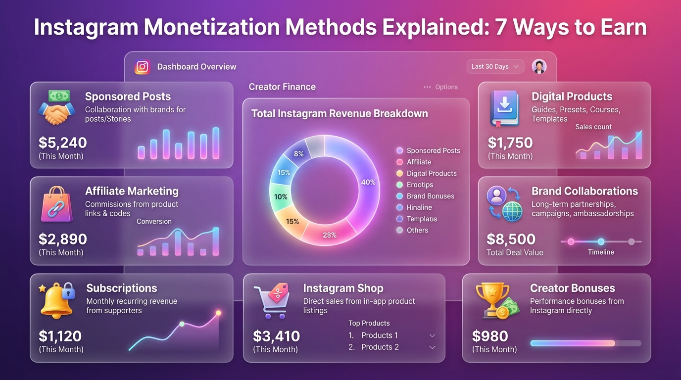 An Instagram logo acting as a key to a vault of monetization methods.