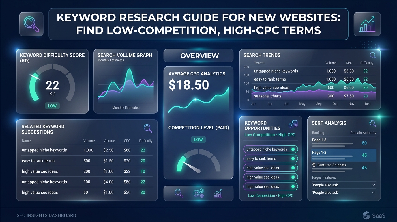 A magnifying glass hovering over a glowing spreadsheet of keywords, with CPC values and search volumes in neon blue and green.