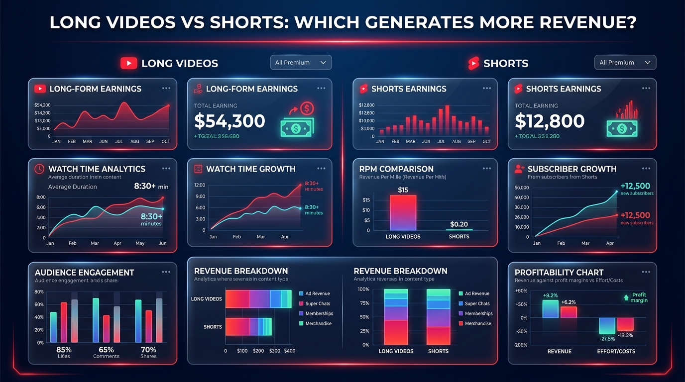 A sleek digital dashboard showing a financial comparison between long-form video metrics and short-form video metrics.