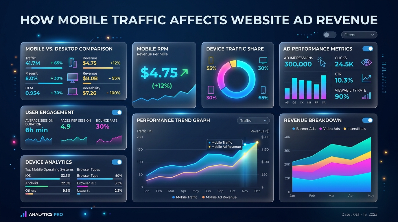 A side-by-side comparison of a desktop monitor showing large display ads and a smartphone showing a sticky anchor ad.