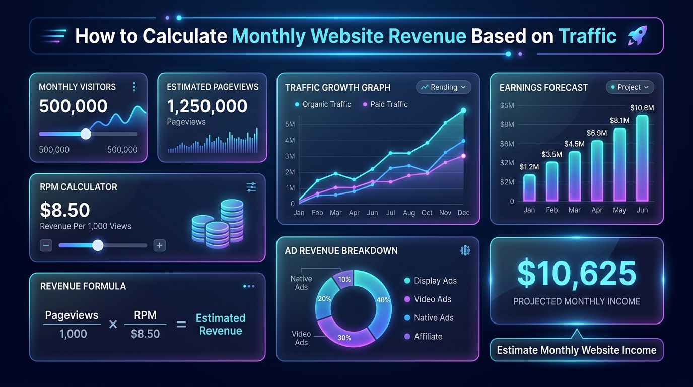 A professional digital interface showing the step-by-step calculation of monthly website revenue.