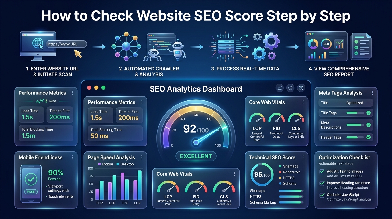 A tablet screen displaying a website SEO audit report with color-coded issues ranging from critical errors to passed checks.