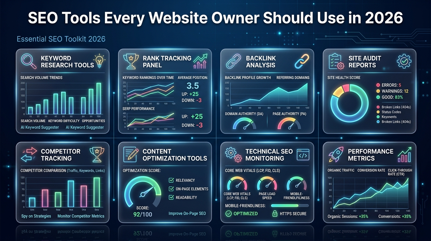 A professional desk setup with multiple monitors displaying SEO dashboards, charts, and keyword tracking data.