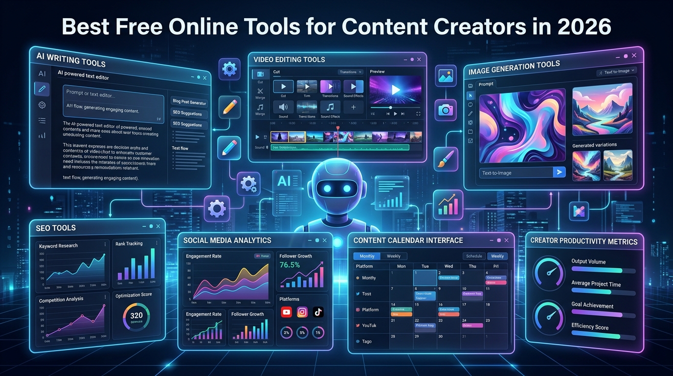 A futuristic digital workspace showing essential tools for content creators.