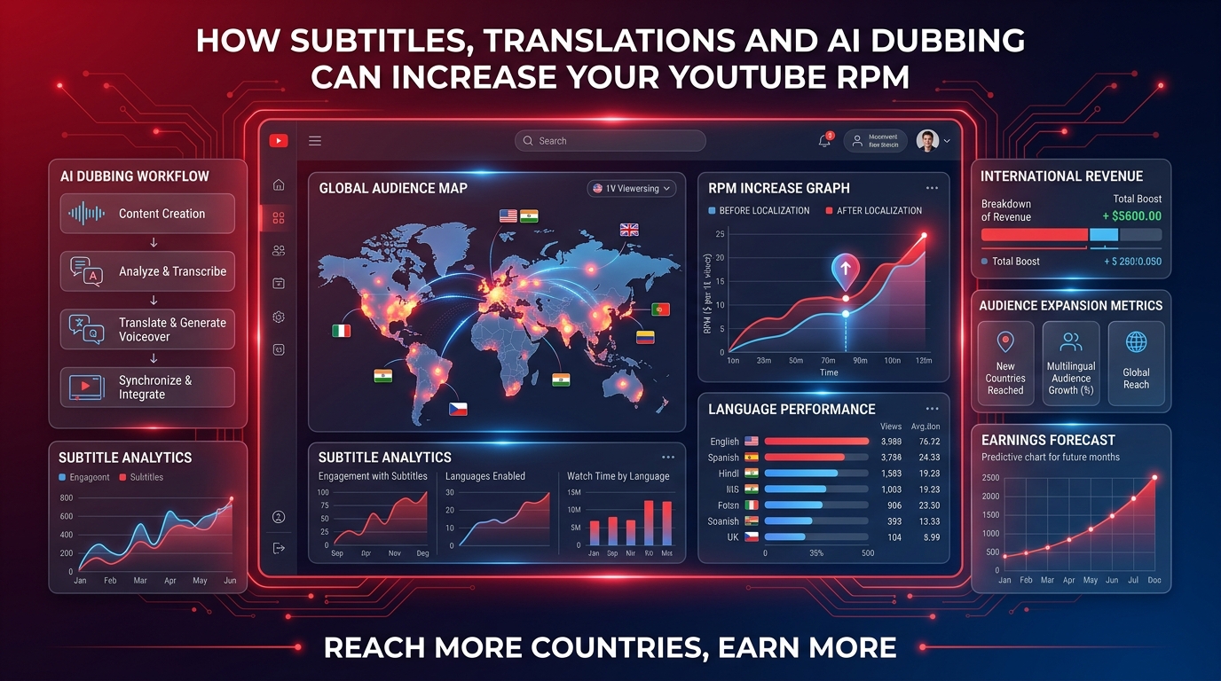 A YouTube video player displaying subtitles in multiple languages while a world map shows audience geography shifting toward the US and UK.