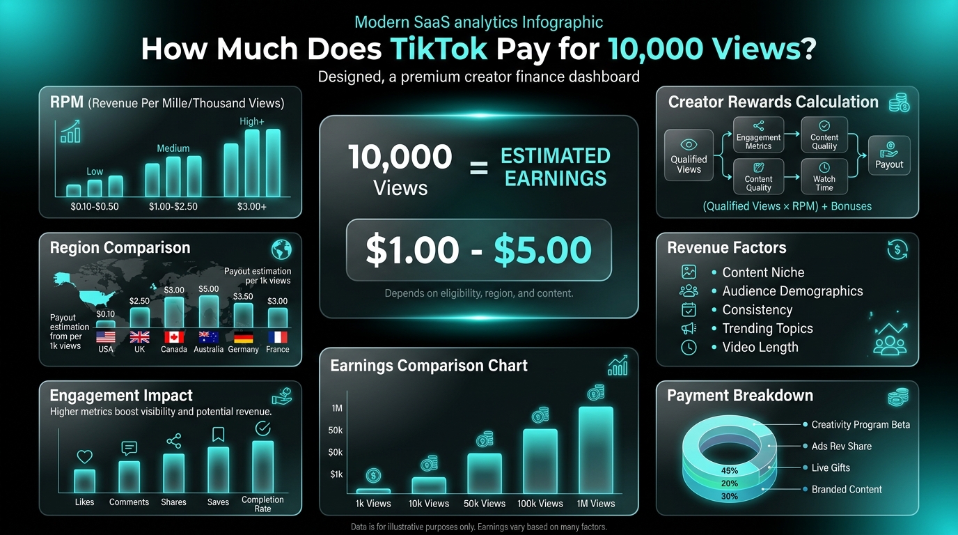 A financial comparison showing TikTok payouts for 10k views across different niches