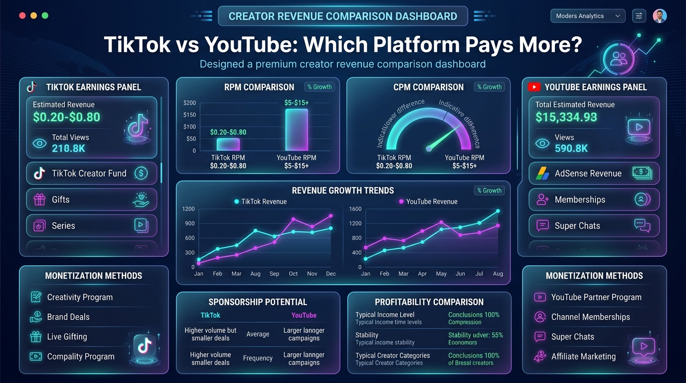 Side by side comparison of TikTok and YouTube revenue screens