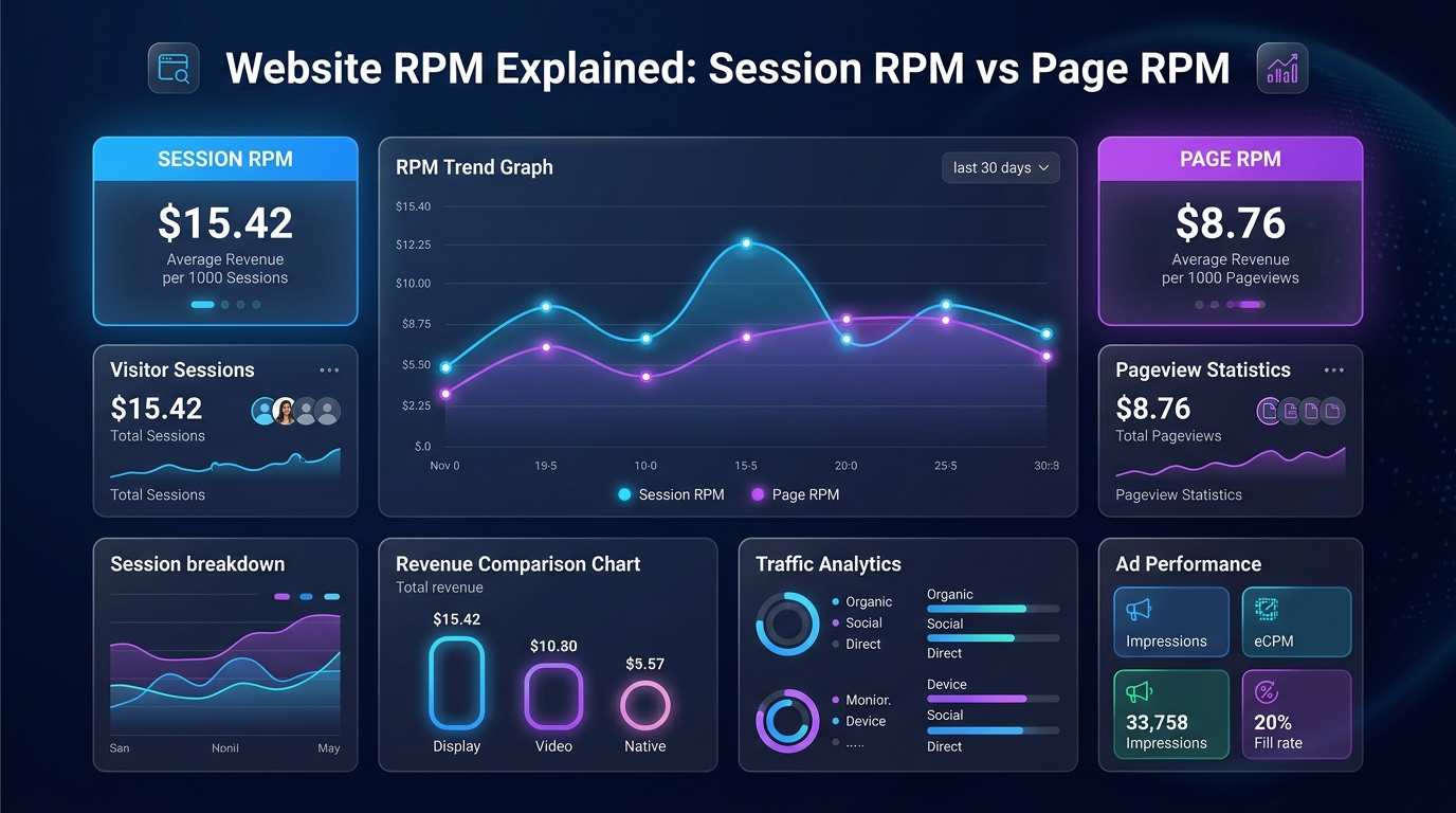 A digital comparison graphic showing Page RPM vs Session RPM with futuristic data nodes.