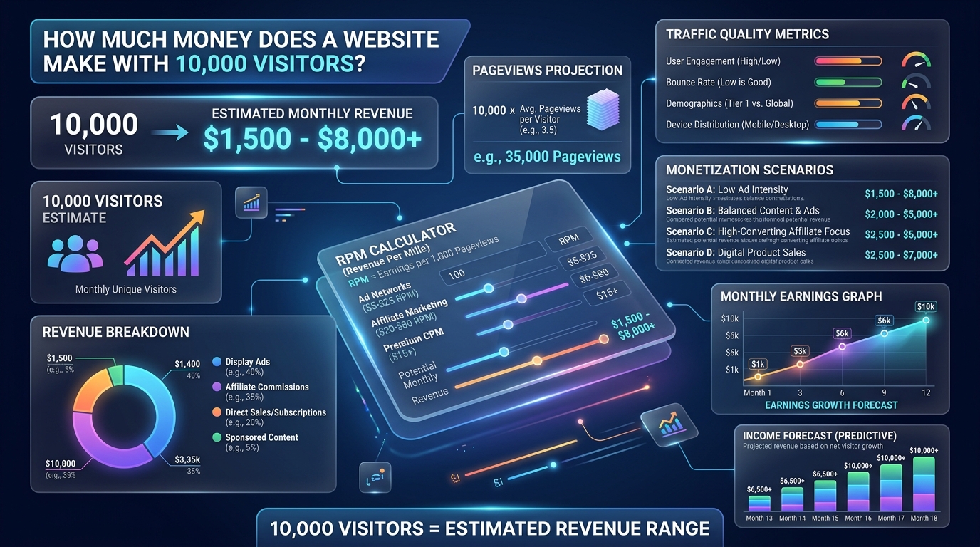 A financial dashboard showing a 12-month website revenue forecast based on pageviews and RPM.