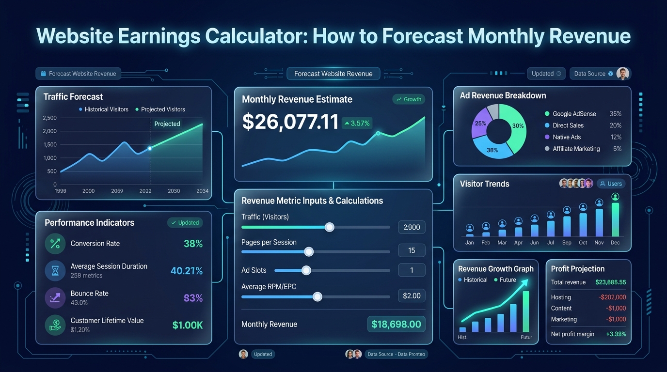 A sleek digital interface calculating website traffic and blog AdSense revenue.
