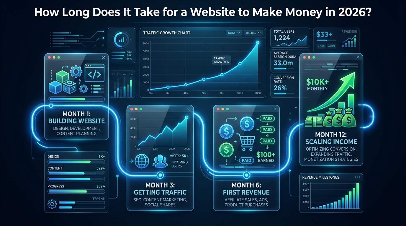 A timeline showing a website's growth from an hourglass to golden coins.