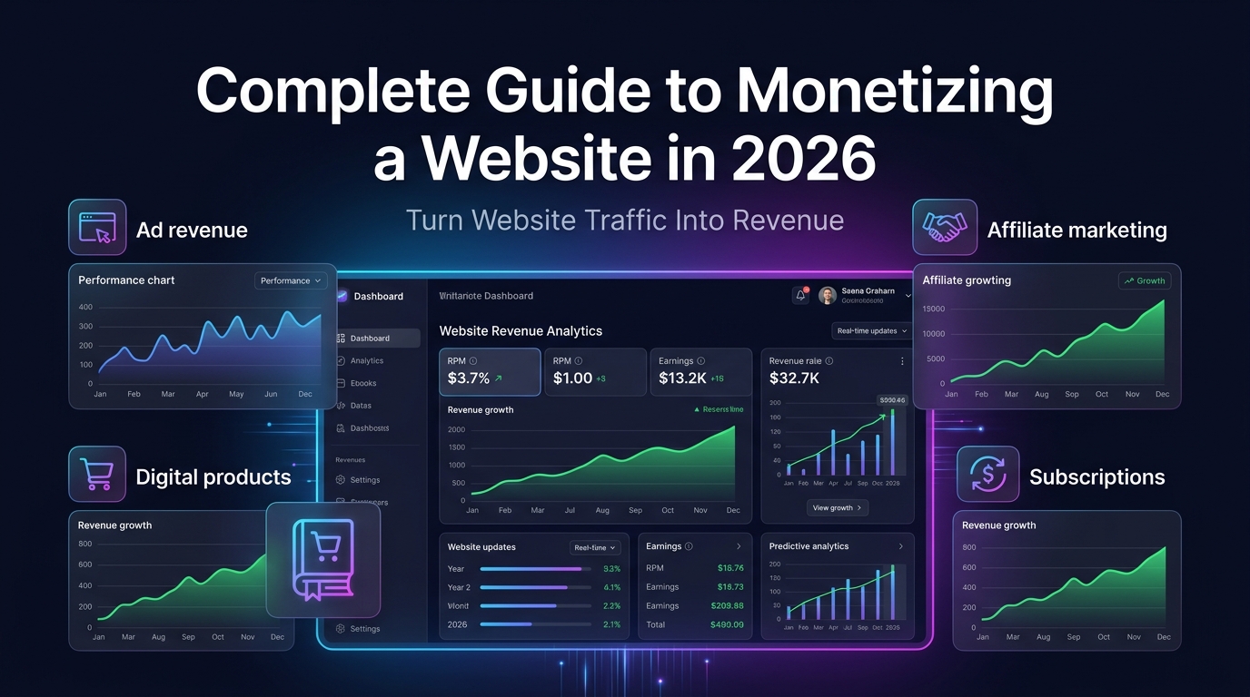 A digital blueprint of a website funneling revenue into a bank vault.