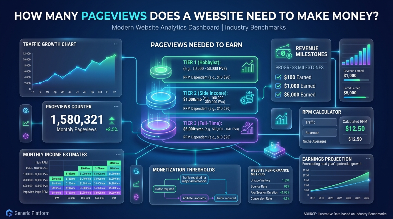 A staircase graphic showing different website traffic milestones and the ad networks unlocked at each stage.