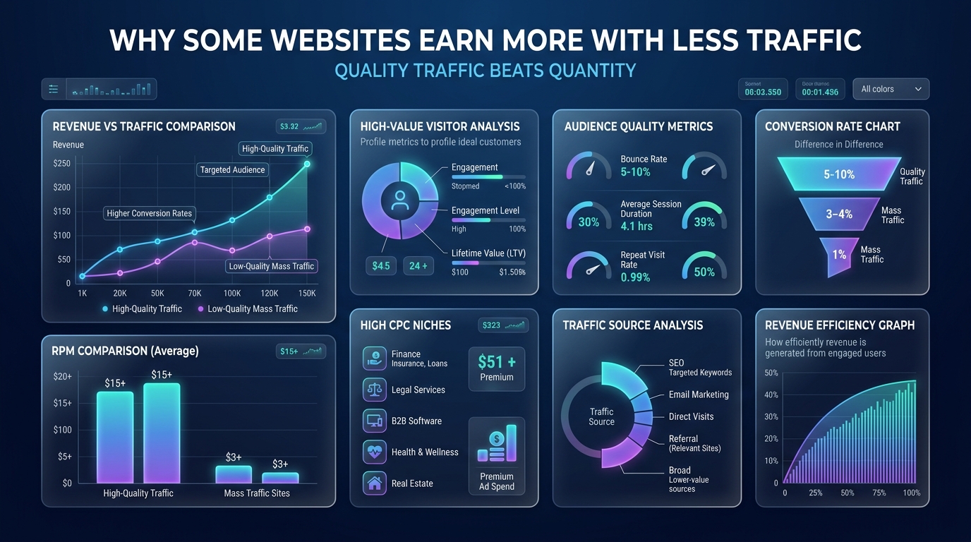 A conceptual graphic showing a small high-quality audience generating more revenue than a large low-quality crowd.