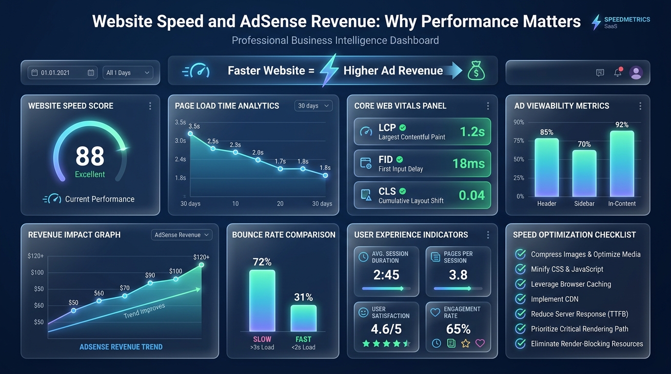 A speedometer graphic showing site loading speed directly connected to a revenue gauge.