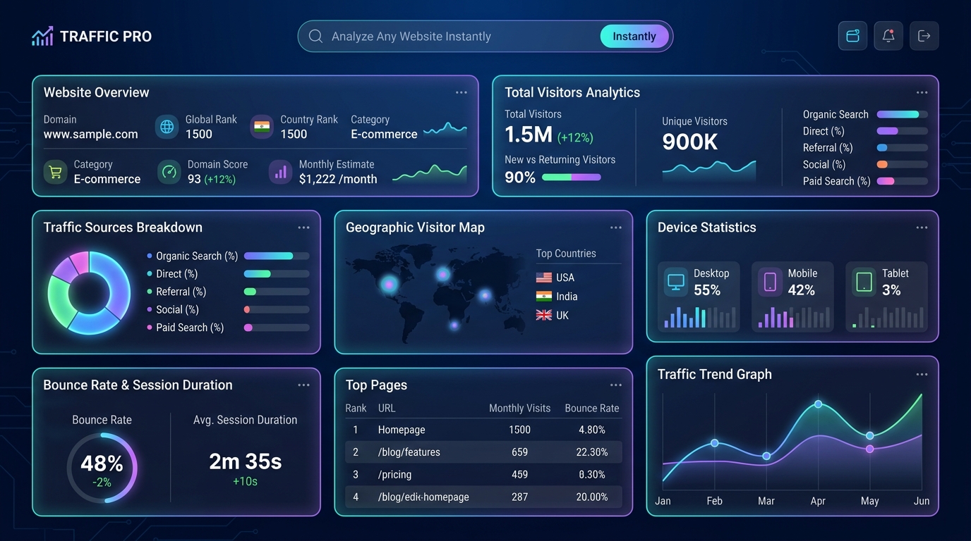 A glowing analytics dashboard showing website traffic data including visitor counts, traffic sources, and geographic origin maps.