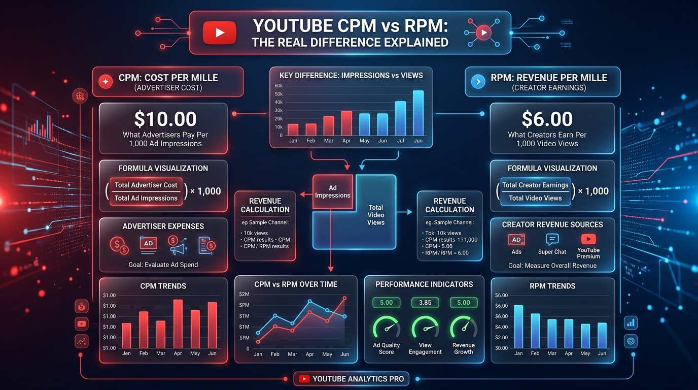 A sleek dark-mode glassmorphic digital dashboard showing a split screen comparison of CPM and RPM metrics.