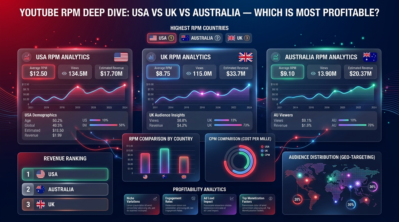 Three podiums showing the US, UK, and Australian flags with different height revenue bars above each country.