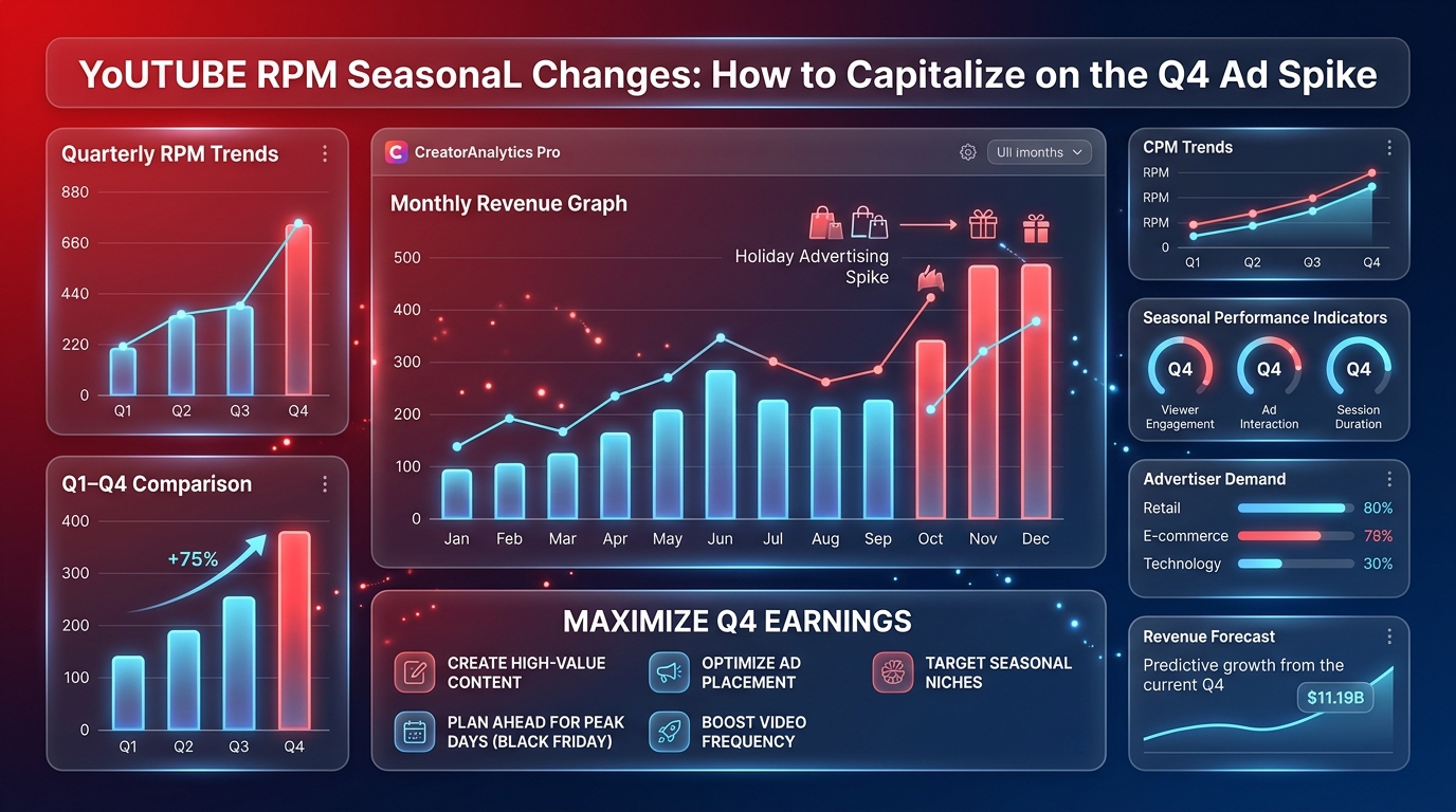 A 12-month YouTube RPM chart showing a dramatic spike in Q4 compared to a flat Q1 baseline.
