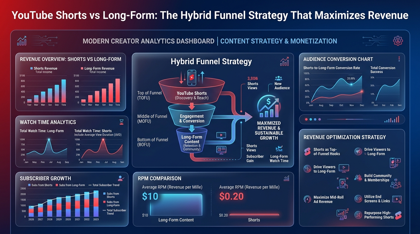 A funnel diagram showing YouTube Shorts at the top feeding viewers down into high-RPM long-form videos at the bottom.