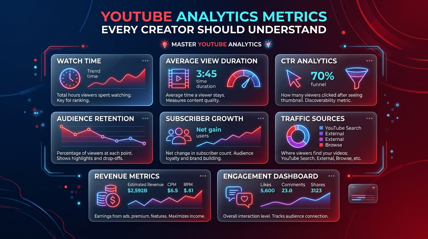 A highly detailed digital dashboard displaying CTR, AVD, and RPM metrics.
