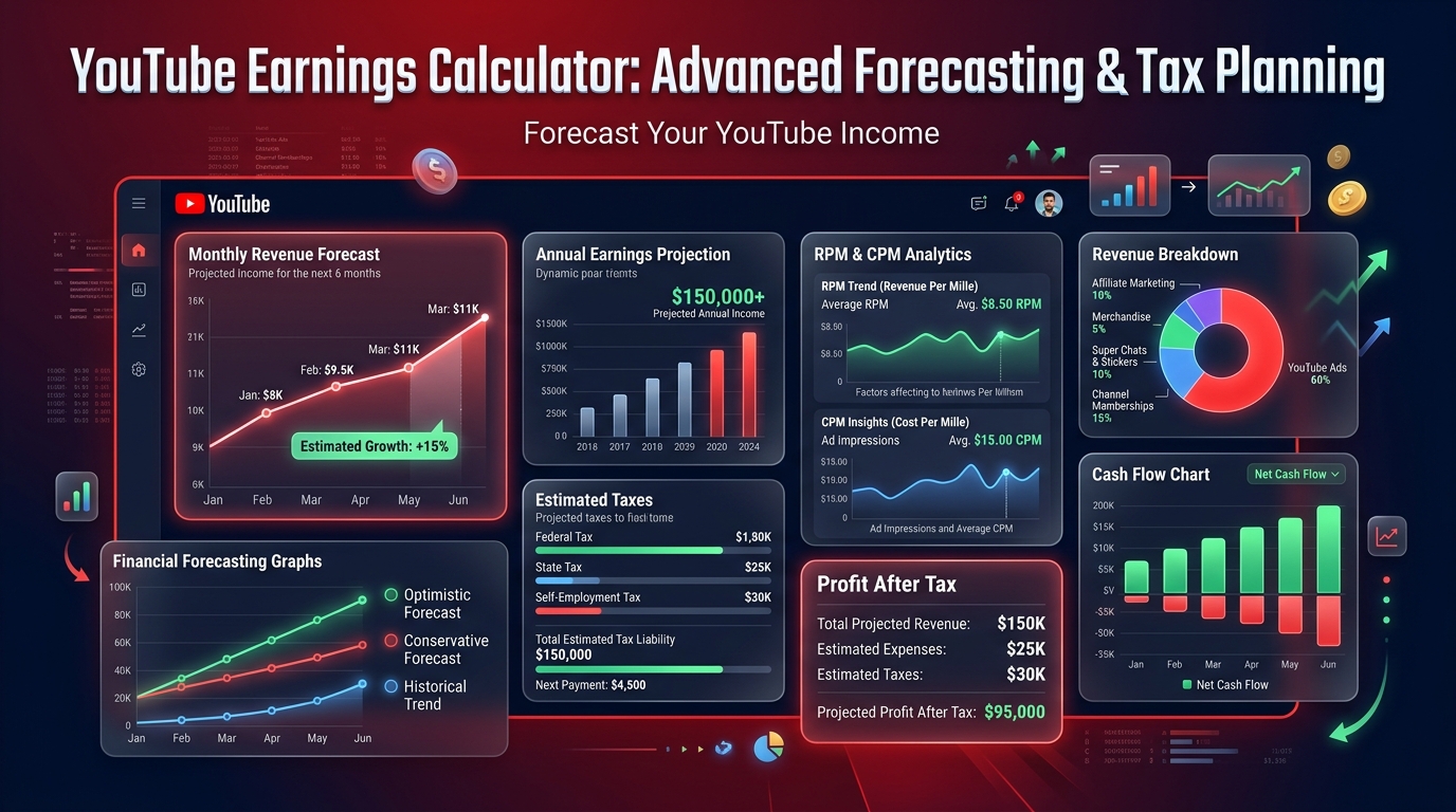 A professional financial dashboard showing YouTube revenue projections across 12 months with tax deduction categories.
