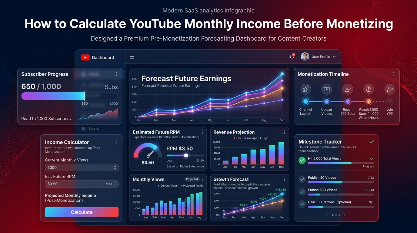 A step-by-step digital roadmap showing a creator using a calculator to plan their channel growth.