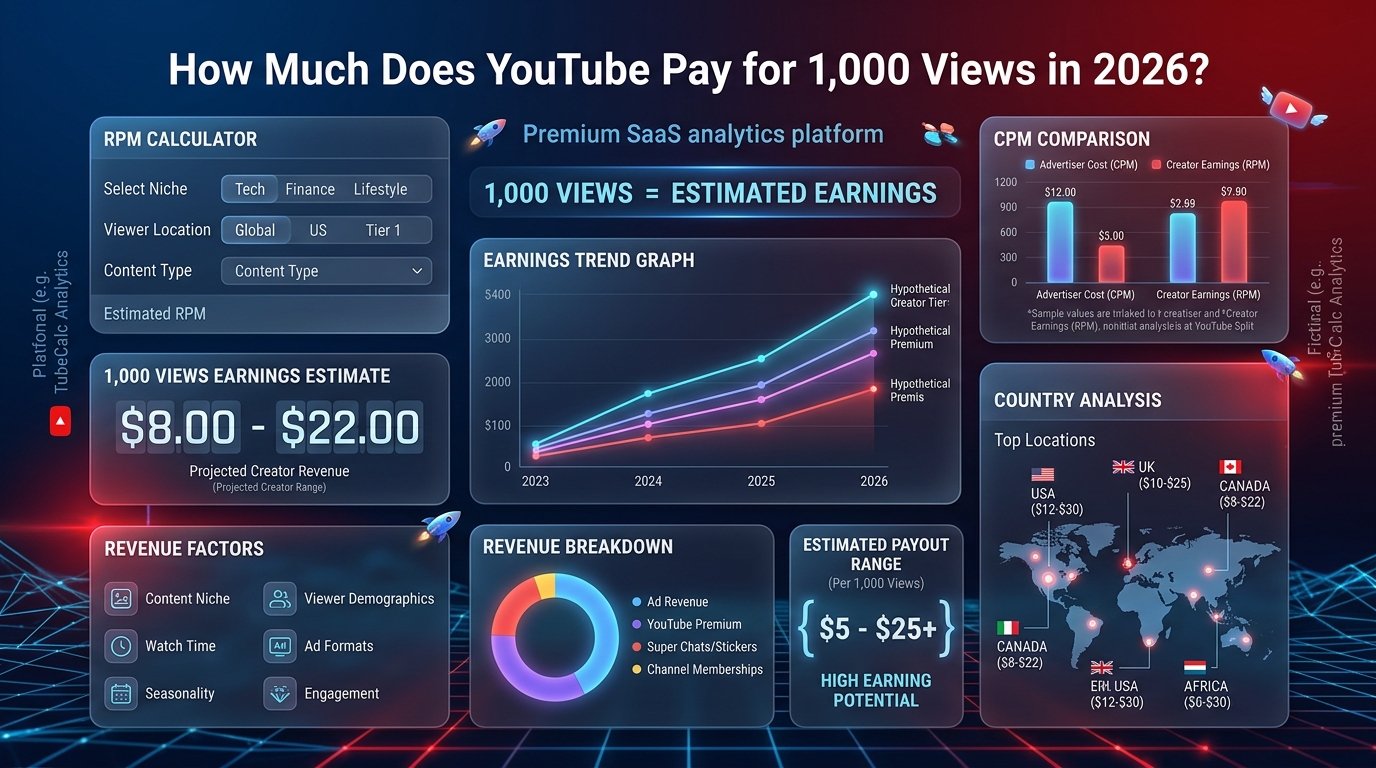 A high-tech digital dashboard displaying YouTube revenue statistics, RPM metrics, and growth charts in a modern workspace.