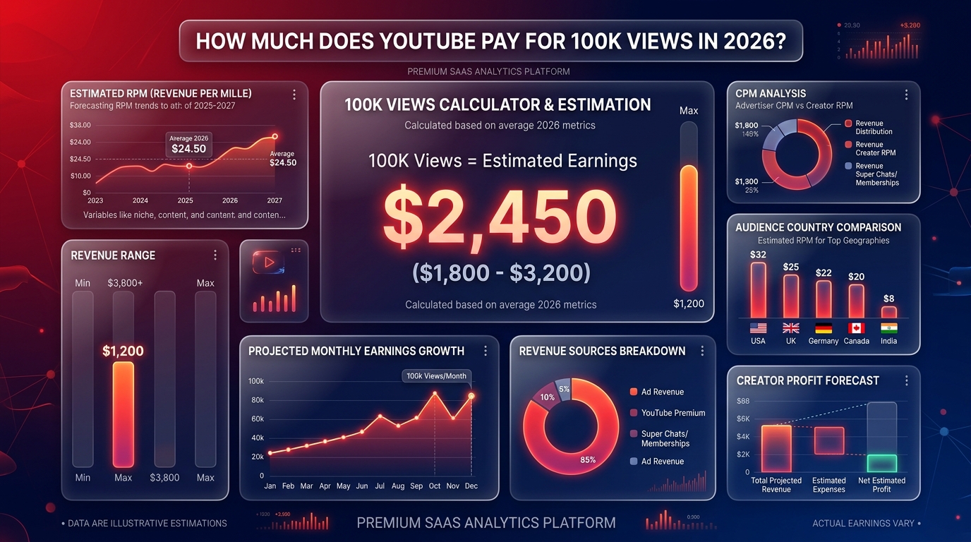 A highly detailed digital dashboard showing the milestone of 100,000 YouTube views.