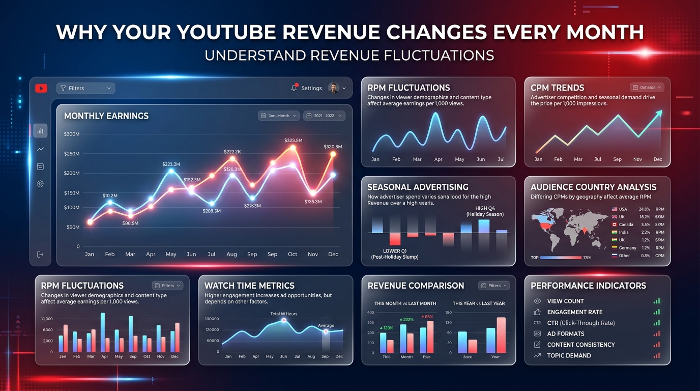 A graph showing volatile fluctuations in YouTube revenue across different months of the year.